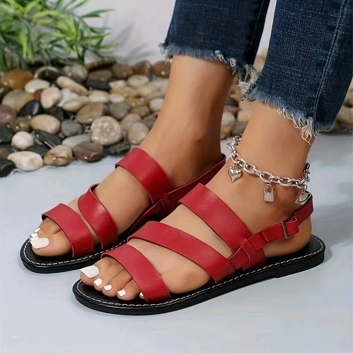 Vegan Leather Flat Sandals with Three-Strap Design
