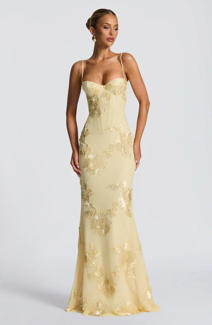 Floral Appliqué Bodycon Wedding Guest Maxi Dress