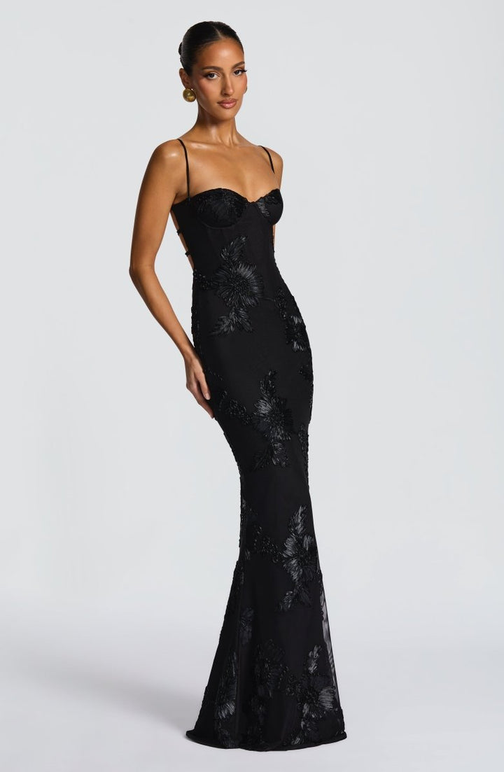 Floral Appliqué Bodycon Wedding Guest Maxi Dress