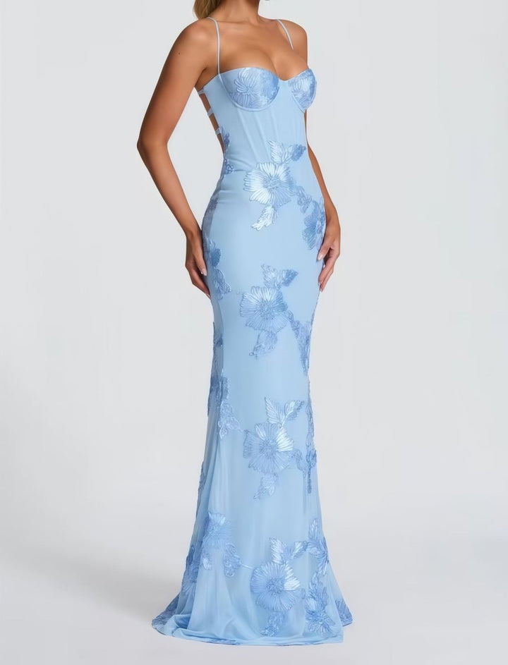 Floral Appliqué Bodycon Wedding Guest Maxi Dress