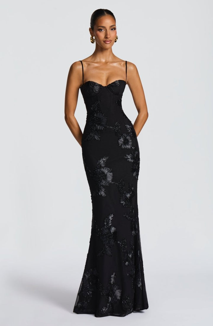 Floral Appliqué Bodycon Wedding Guest Maxi Dress