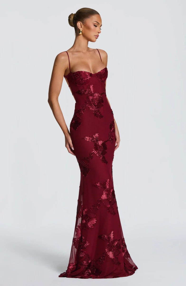 Floral Appliqué Bodycon Wedding Guest Maxi Dress