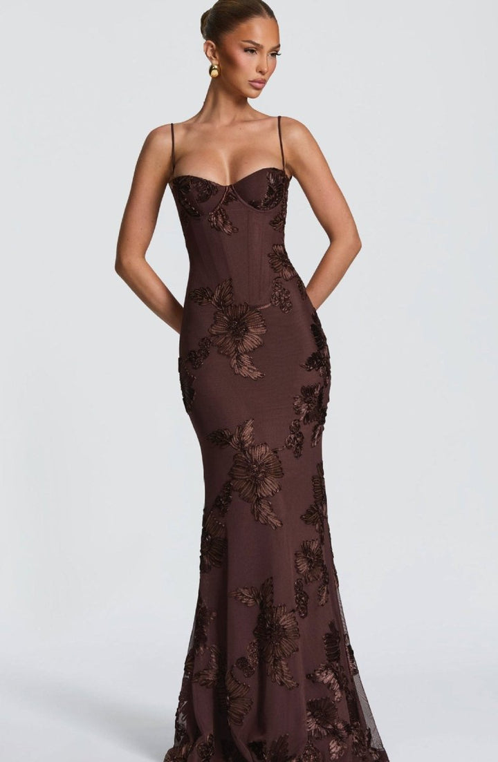 Floral Appliqué Bodycon Wedding Guest Maxi Dress