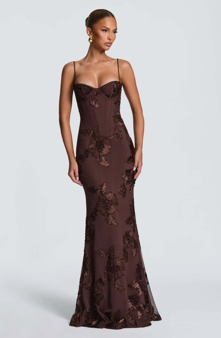 Floral Appliqué Bodycon Wedding Guest Maxi Dress
