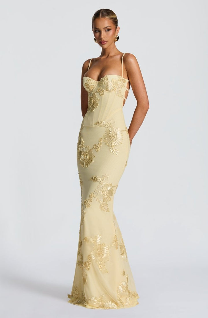 Floral Appliqué Bodycon Wedding Guest Maxi Dress