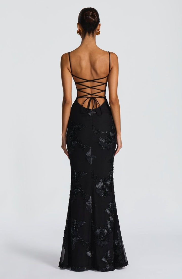 Floral Appliqué Bodycon Wedding Guest Maxi Dress