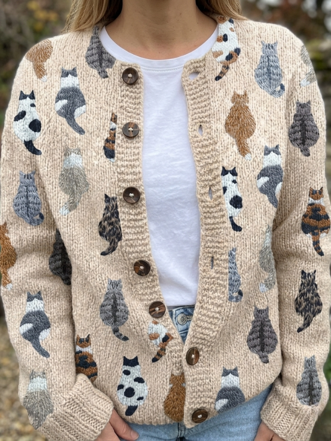 Women's Cat Print Knit Cardigan for Autumn/Winter