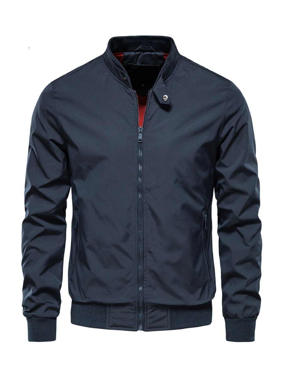 Men's Bomber Jacket with Ribbed Stand Collar and Zip Front