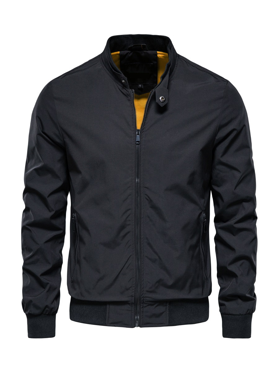 Men's Bomber Jacket with Ribbed Stand Collar and Zip Front