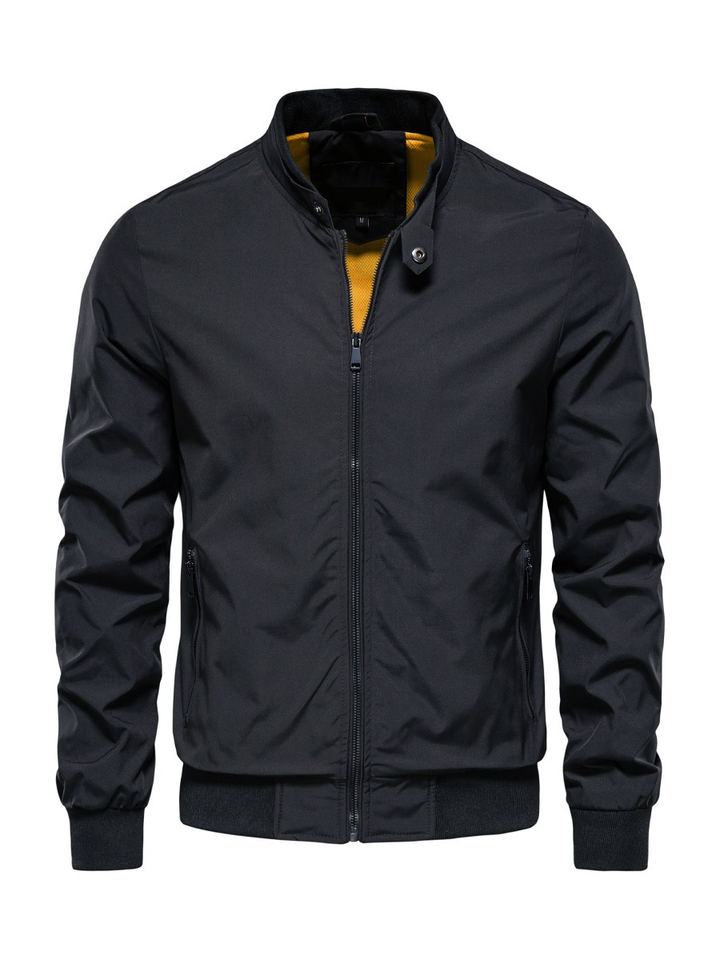 Men's Bomber Jacket with Ribbed Stand Collar and Zip Front