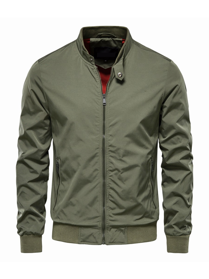 Men's Bomber Jacket with Ribbed Stand Collar and Zip Front