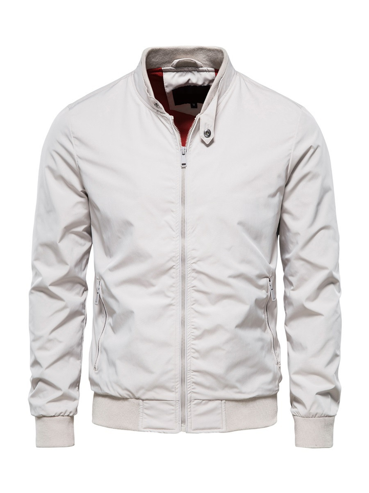 Men's Bomber Jacket with Ribbed Stand Collar and Zip Front