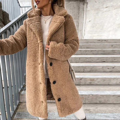 Longline Teddy Bear Coat with Notched Collar for Women