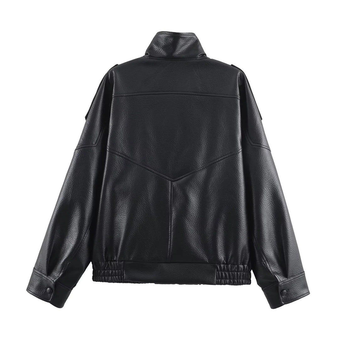 Women's Oversized Faux Leather Bomber Jacket