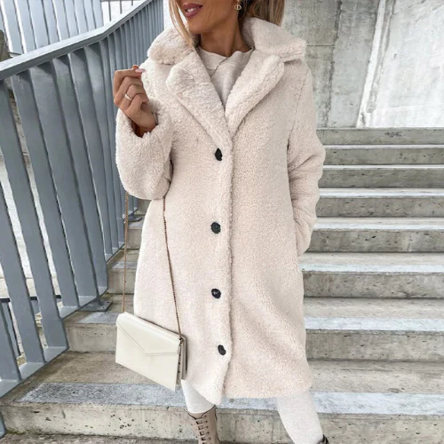 Longline Teddy Bear Coat with Notched Collar for Women