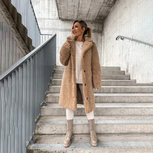 Longline Teddy Bear Coat with Notched Collar for Women