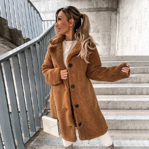 Longline Teddy Bear Coat with Notched Collar for Women