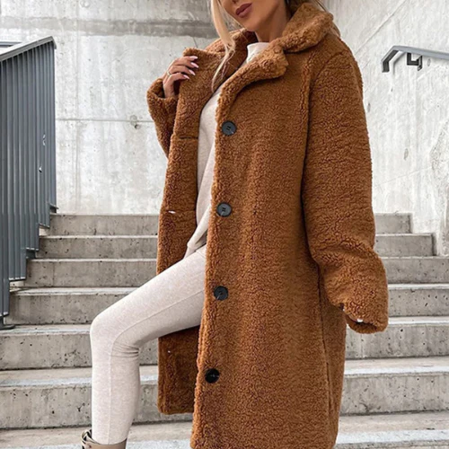 Longline Teddy Bear Coat with Notched Collar for Women