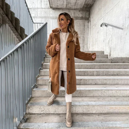 Longline Teddy Bear Coat with Notched Collar for Women