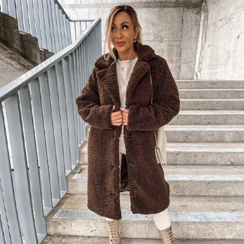 Longline Teddy Bear Coat with Notched Collar for Women