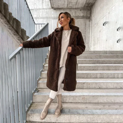 Longline Teddy Bear Coat with Notched Collar for Women