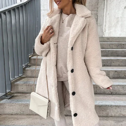 Longline Teddy Bear Coat with Notched Collar for Women