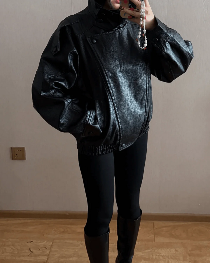 Women's Oversized Faux Leather Bomber Jacket