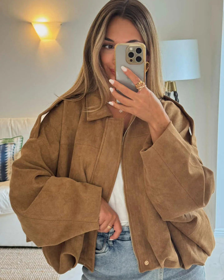 Faux Suede Collared Bomber Jacket for Women