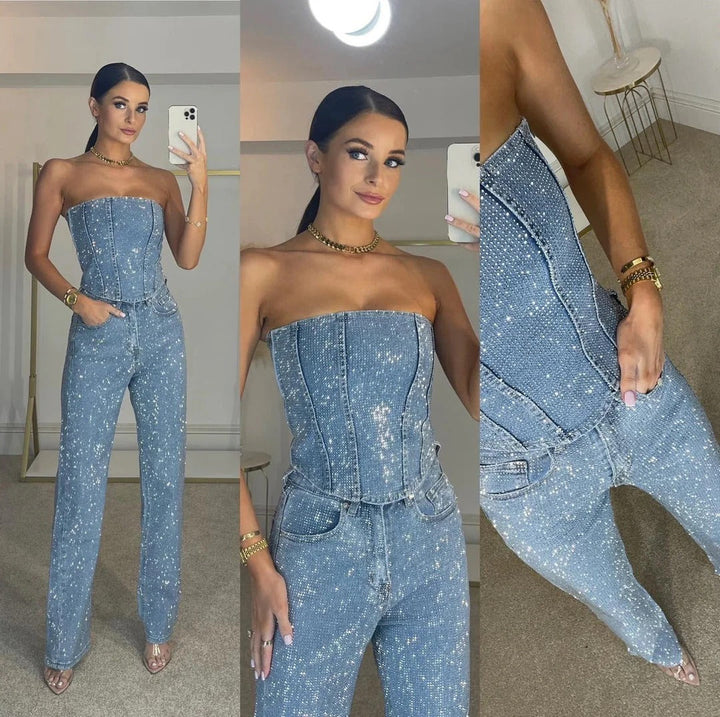 Sequin Denim Strapless Corset & Wide Leg Pants Set