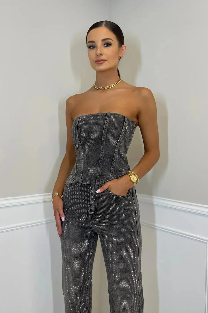 Sequin Denim Strapless Corset & Wide Leg Pants Set