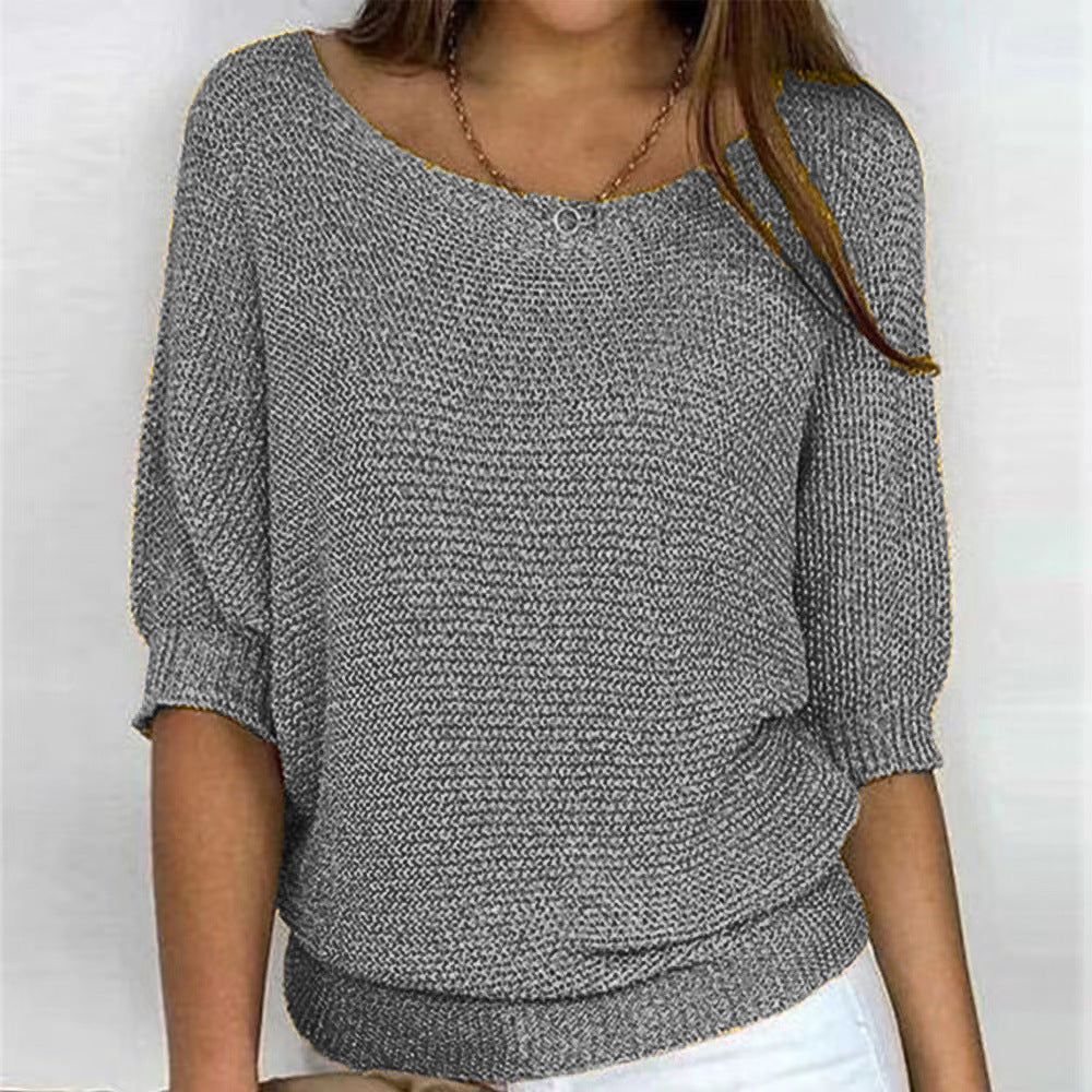 Women's Ribbed Knit Three-Quarter Sleeve Relaxed Fit Sweater
