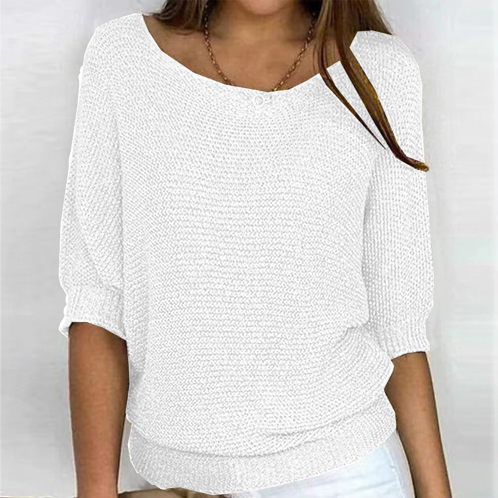 Women's Ribbed Knit Three-Quarter Sleeve Relaxed Fit Sweater