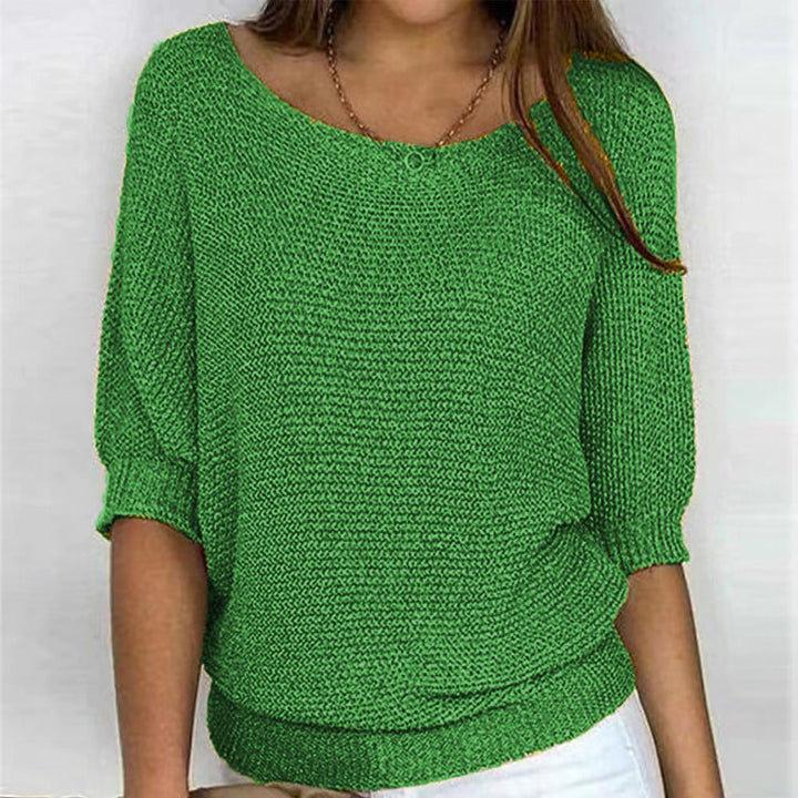 Women's Ribbed Knit Three-Quarter Sleeve Relaxed Fit Sweater