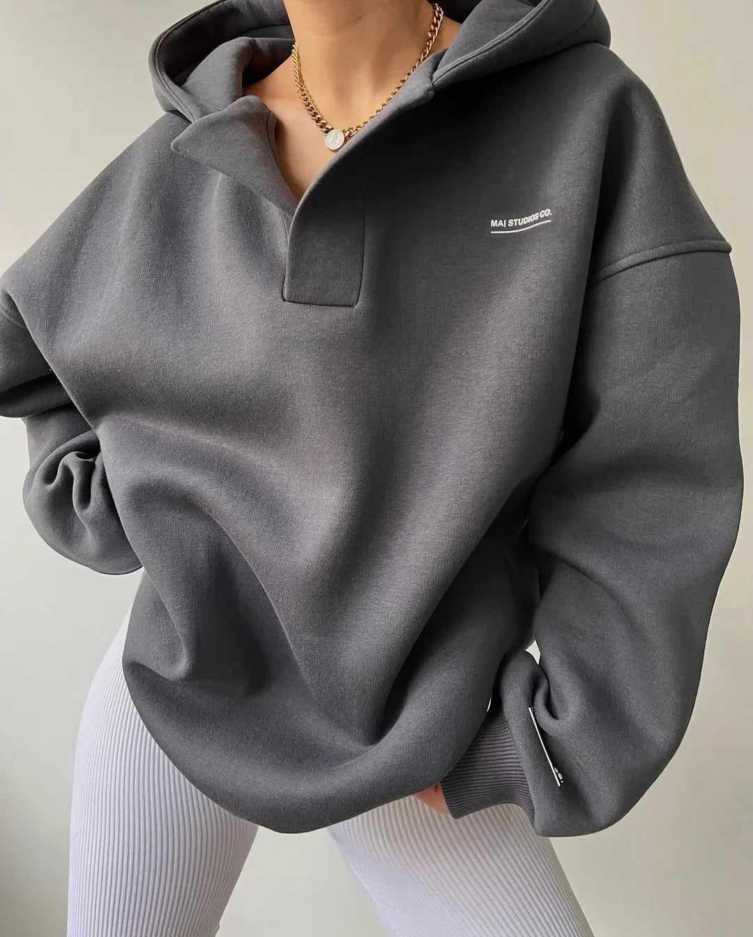 Oversized Pullover Hoodie with Open V-Neckline