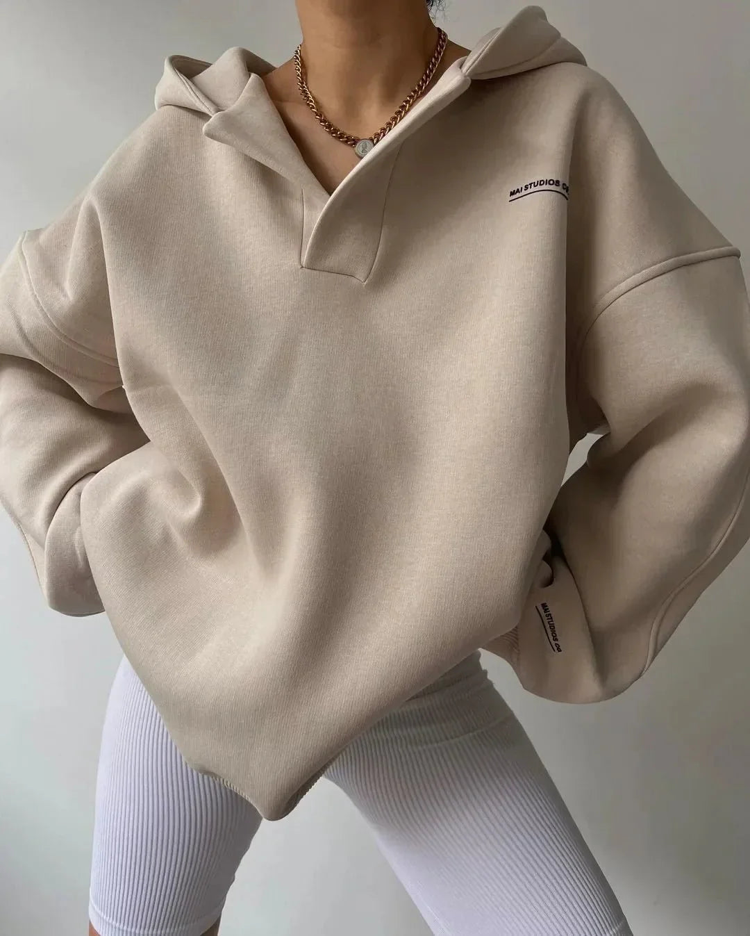 Oversized Pullover Hoodie with Open V-Neckline