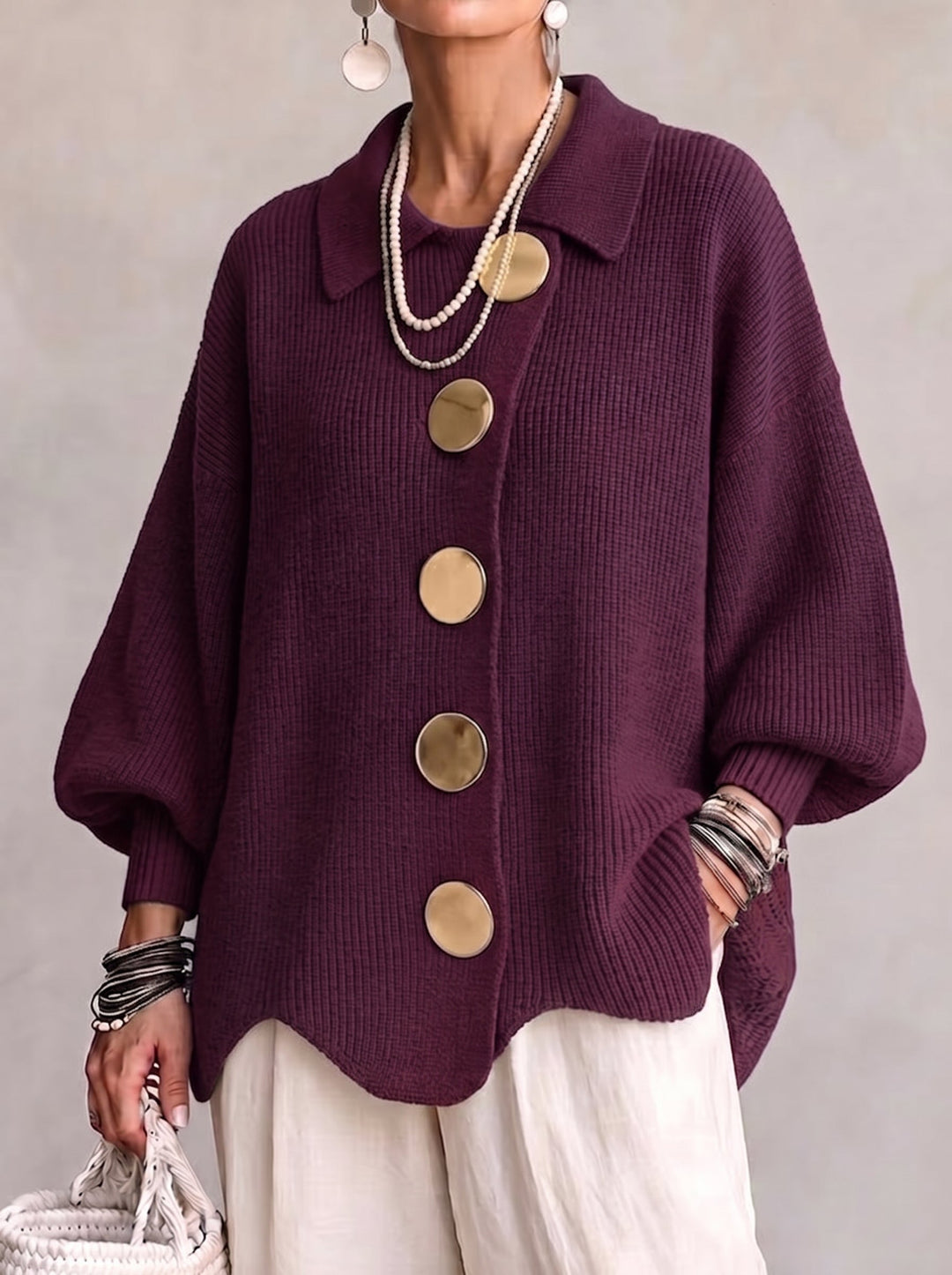 Women's Oversized Collared Cardigan with Metal Buttons