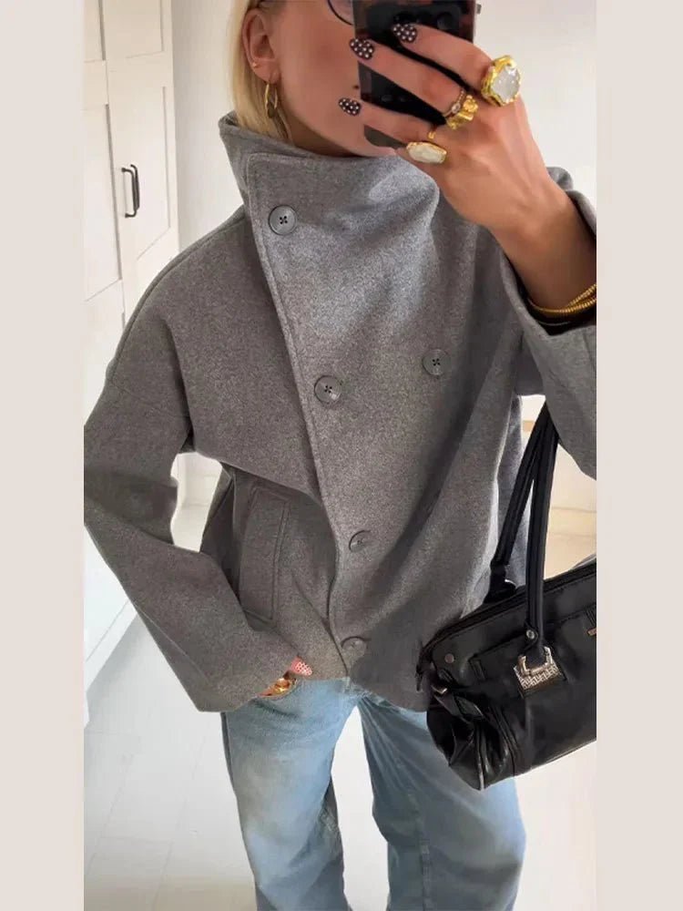 Women's Wool-Effect Double-Breasted Stand Collar Jacket