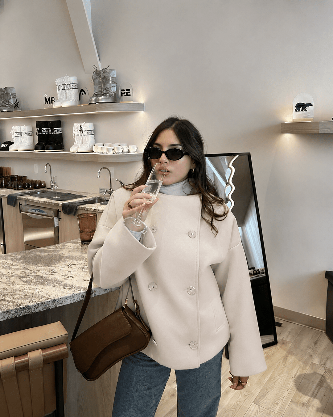 Women's Wool-Effect Double-Breasted Stand Collar Jacket
