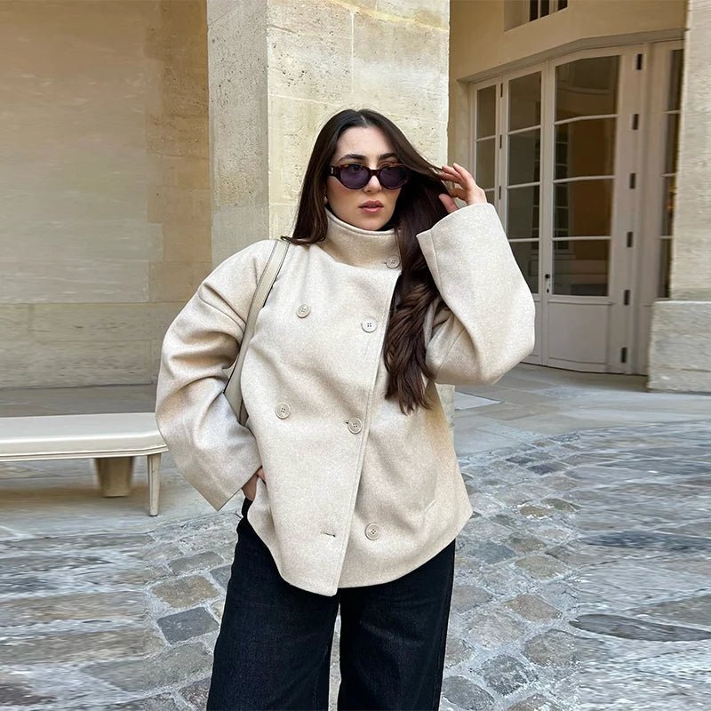 Women's Wool-Effect Double-Breasted Stand Collar Jacket
