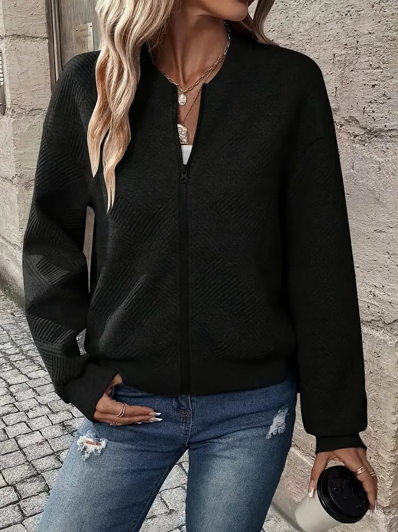 Textured Knit Zip-Up Bomber Jacket for Women