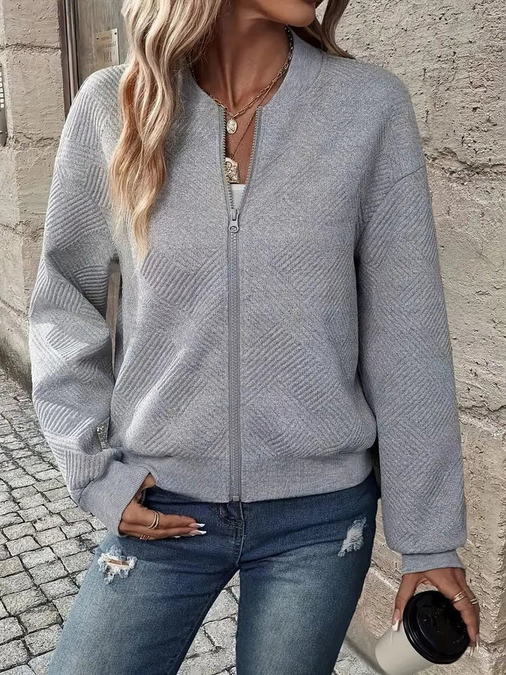 Textured Knit Zip-Up Bomber Jacket for Women
