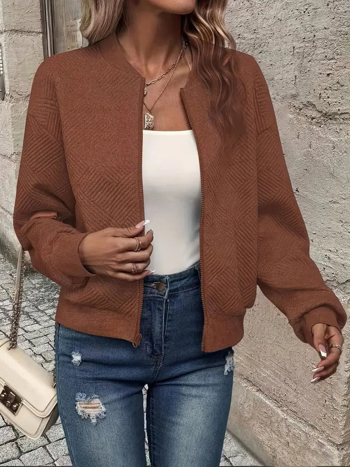Textured Knit Zip-Up Bomber Jacket for Women