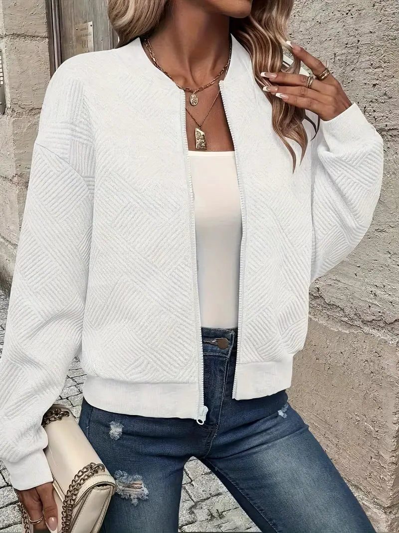 Textured Knit Zip-Up Bomber Jacket for Women