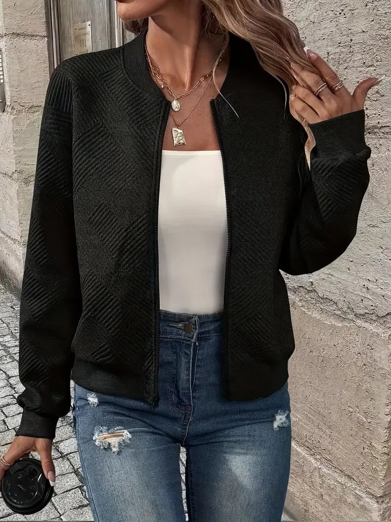 Textured Knit Zip-Up Bomber Jacket for Women