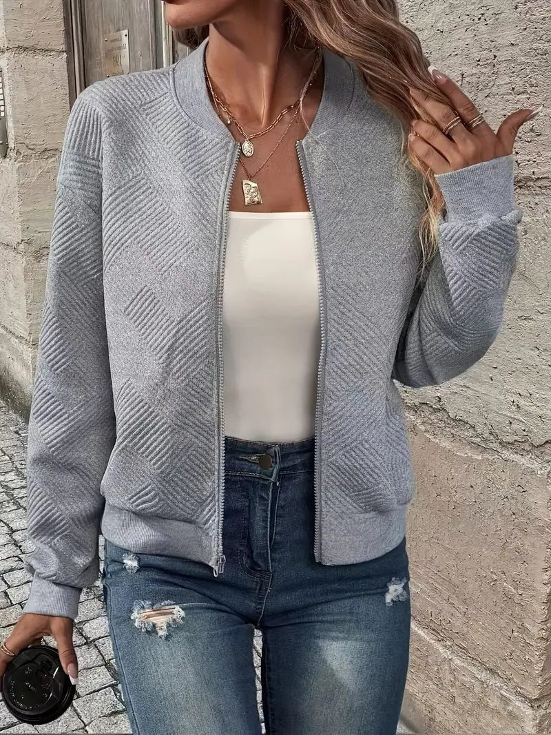 Textured Knit Zip-Up Bomber Jacket for Women