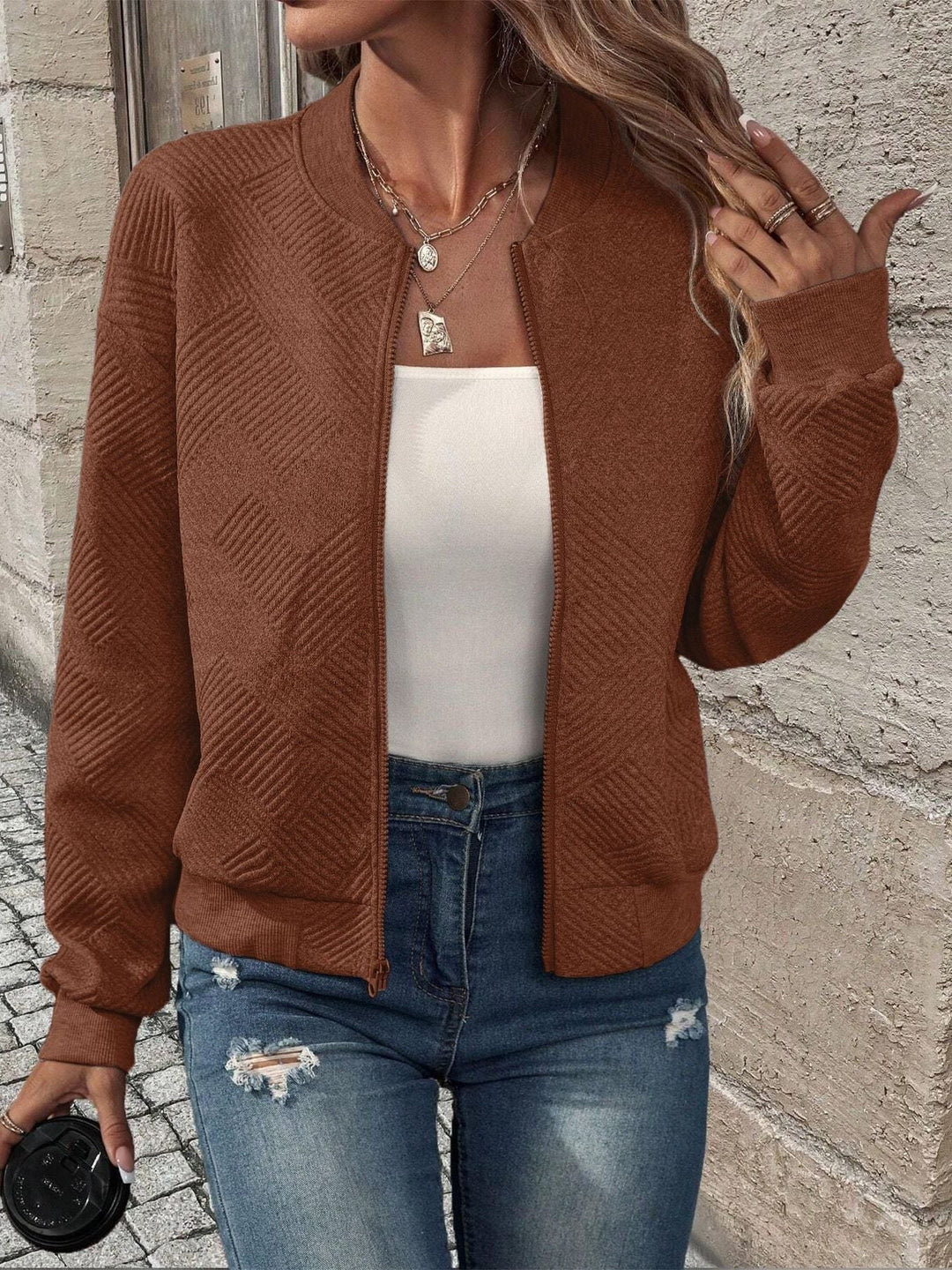 Textured Knit Zip-Up Bomber Jacket for Women