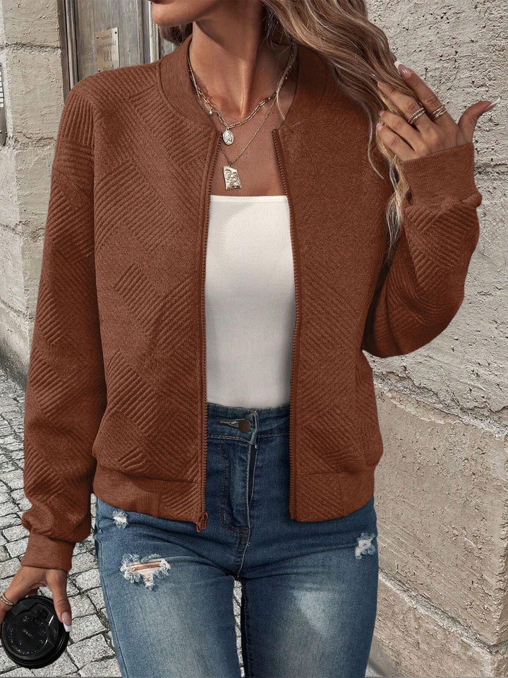 Textured Knit Zip-Up Bomber Jacket for Women