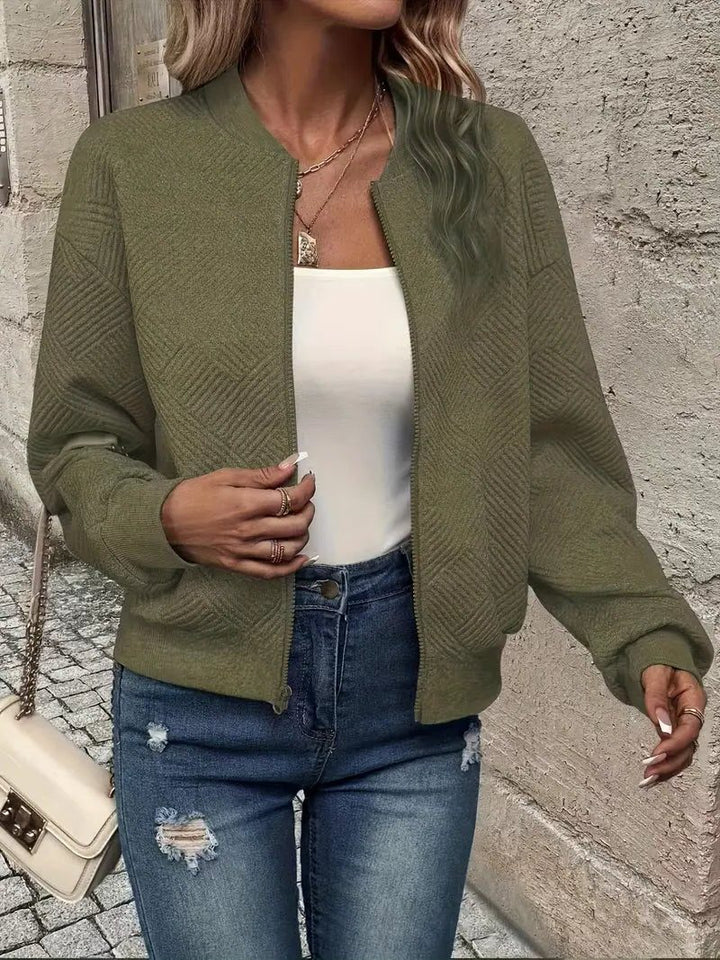 Textured Knit Zip-Up Bomber Jacket for Women