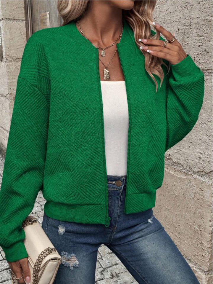 Textured Knit Zip-Up Bomber Jacket for Women