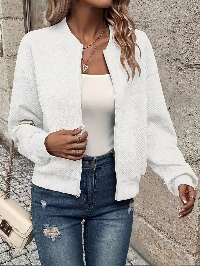 Textured Knit Zip-Up Bomber Jacket for Women
